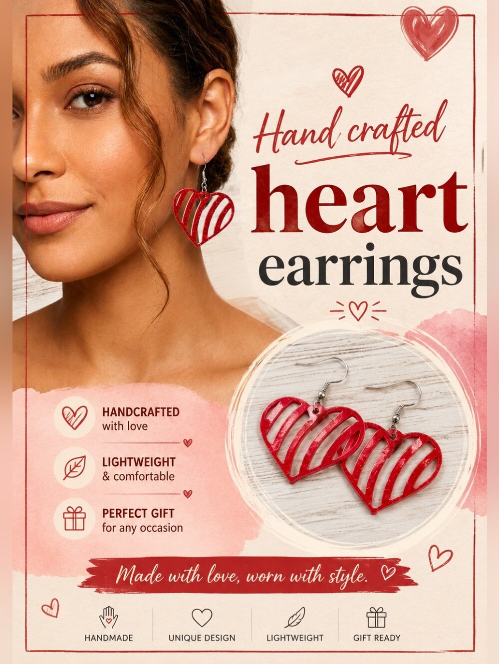 Hand Crafted Red Heart Dangle Earrings- Set 2